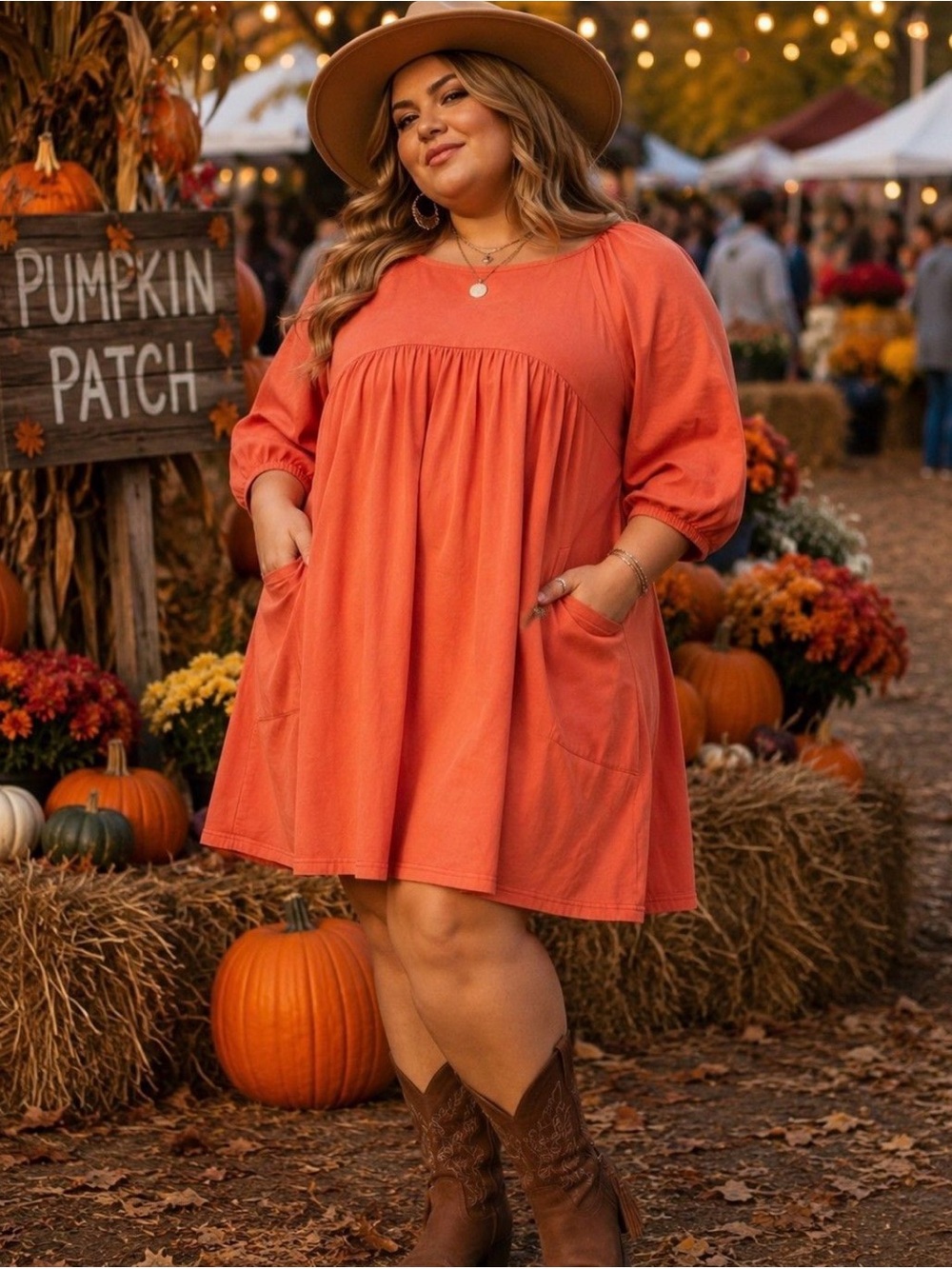 ODDY Orange Plus-Size Babydoll Dress with Pockets